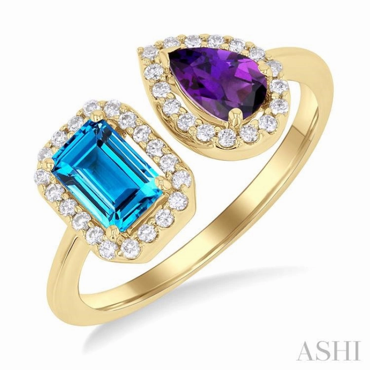 Eternal Adornment Value Art 6X4 MM Emerald Cut Blue Topaz and Pear Cut Amethyst and 1/5 Ctw Open Toi Et Moi Round Cut Diamond Halo Fashion Ring in 14K Yellow Gold