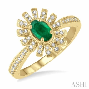6x4 MM Floral Oval Shape Emerald and 1/5 Ctw Round Cut Diamond Precious Ring in 10K Yellow Gold Creative Ornament