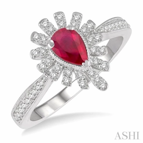 Delicate Decoration 6x4 MM Lattice Pear Shape Ruby and 1/5 Ctw Round Cut Diamond Precious Ring in 10K White Gold