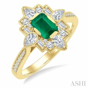 Cool Accent Superior Symbol 6X4 MM Octagon Cut Emerald and 5/8 Ctw Art Deco Mixed Diamond Cut Precious Fashion Ring in 14K Yellow Gold