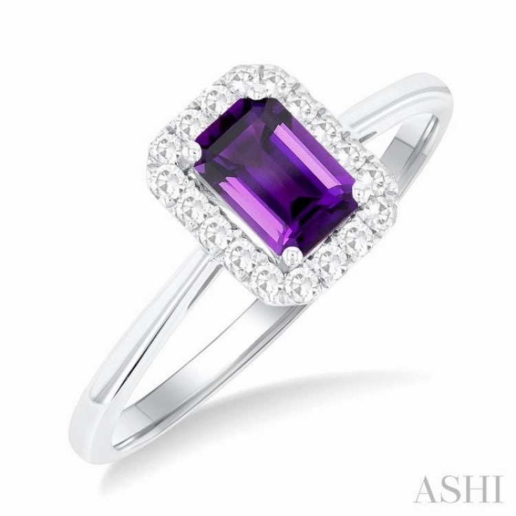 Vivid Present Representational Piece 6x4 MM Octagonal Shape Amethyst and 1/6 Ctw Round Cut Diamond Halo Semi-Precious Ring in 10K White Gold