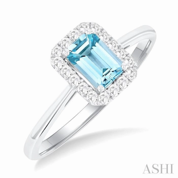 Elegant Appeal 6x4 MM Octagonal Shape Aquamarine and 1/6 Ctw Round Cut Diamond Halo Semi-Precious Ring in 14K White Gold