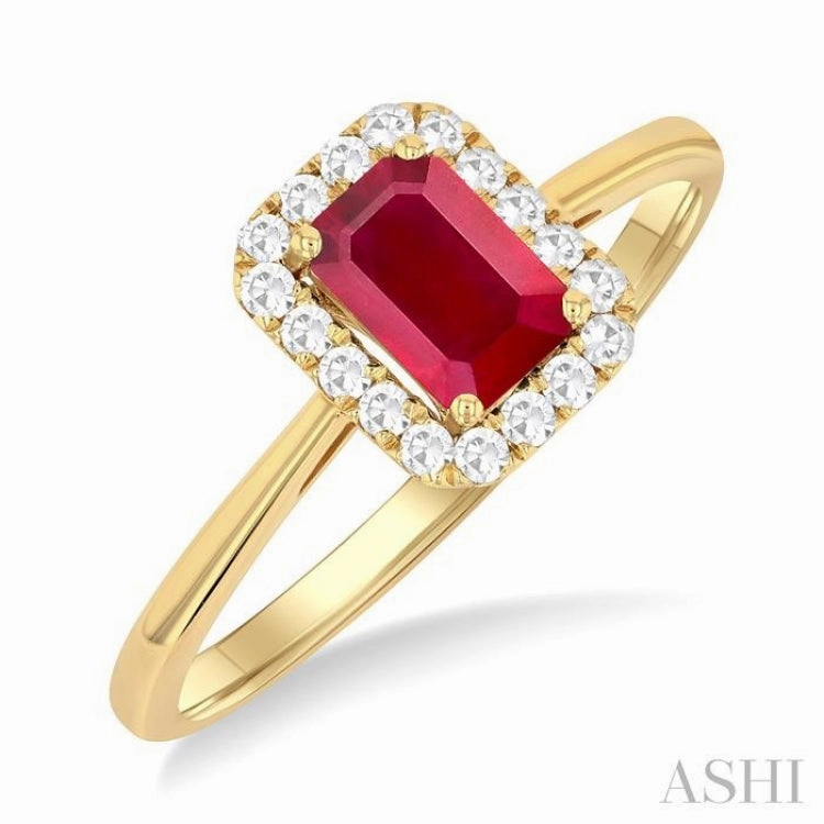 6x4 MM Octagonal Shape Ruby and 1/6 Ctw Round Cut Diamond Halo Precious Ring in 14K Yellow Gold Simple Mark