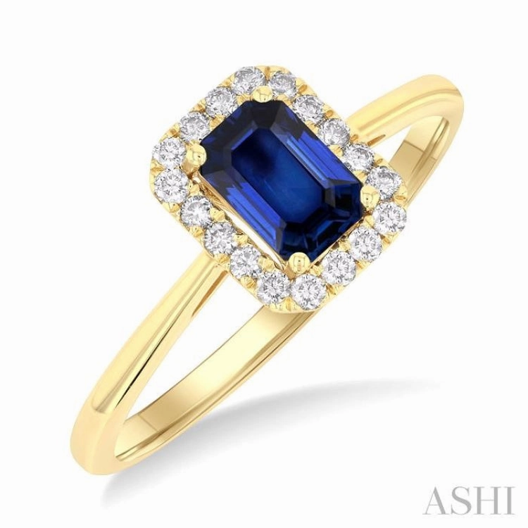 6x4 MM Octagonal Shape Sapphire and 1/6 Ctw Round Cut Diamond Halo Precious Ring in 10K Yellow Gold Gorgeous Look