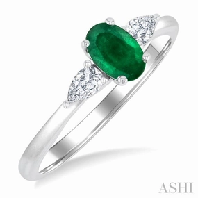 6X4 MM Oval Cut Emerald and 1/4 Ctw Pear Cut Diamond Precious Ring in 14K White Gold Cute Present