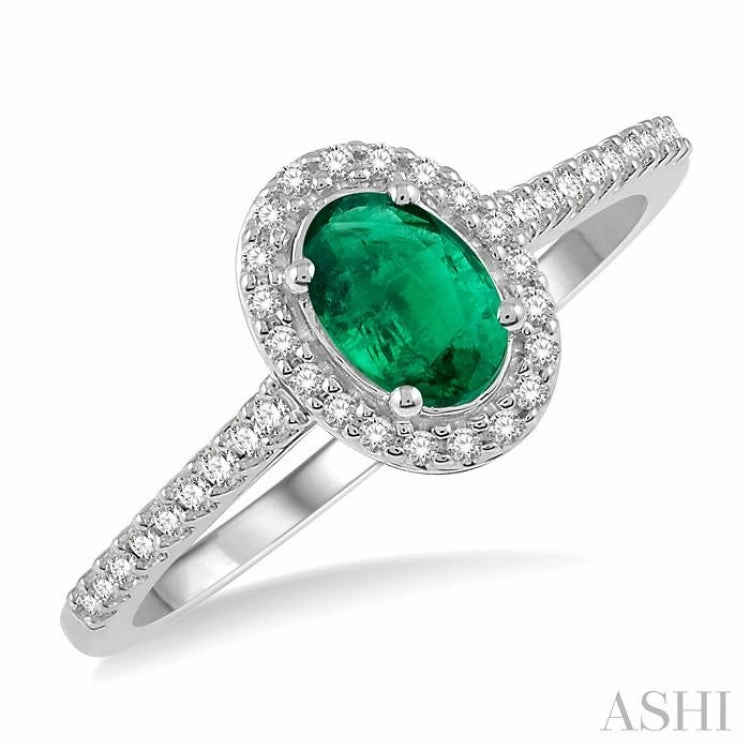 Low-Cost Style Chic Art 6x4 MM Oval Shape Emerald and 1/10 Ctw Round Cut Diamond Precious Ring in 10K White Gold