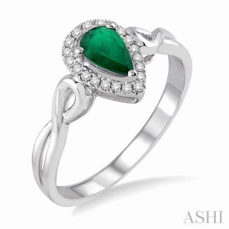 6x4 MM Pear Shape Emerald and 1/10 Ctw Round Cut Diamond Ring in 10K White Gold Romantic Look
