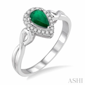 6x4 MM Pear Shape Emerald and 1/10 Ctw Round Cut Diamond Ring in 10K White Gold Romantic Look