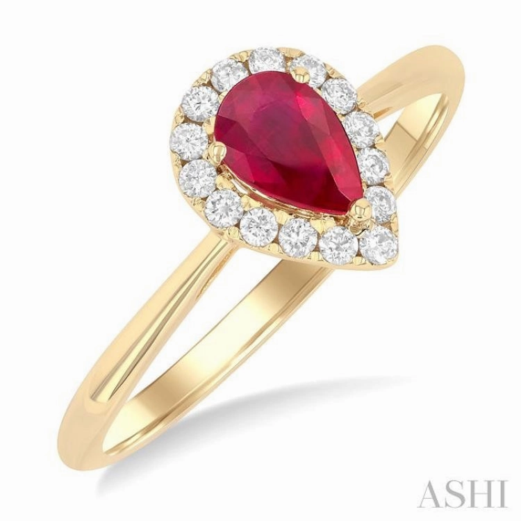 6x4 MM Pear Shape Ruby and 1/6 Ctw Round Cut Diamond Halo Precious Ring in 14K Yellow Gold Utilitarian Design Seasonal Trend