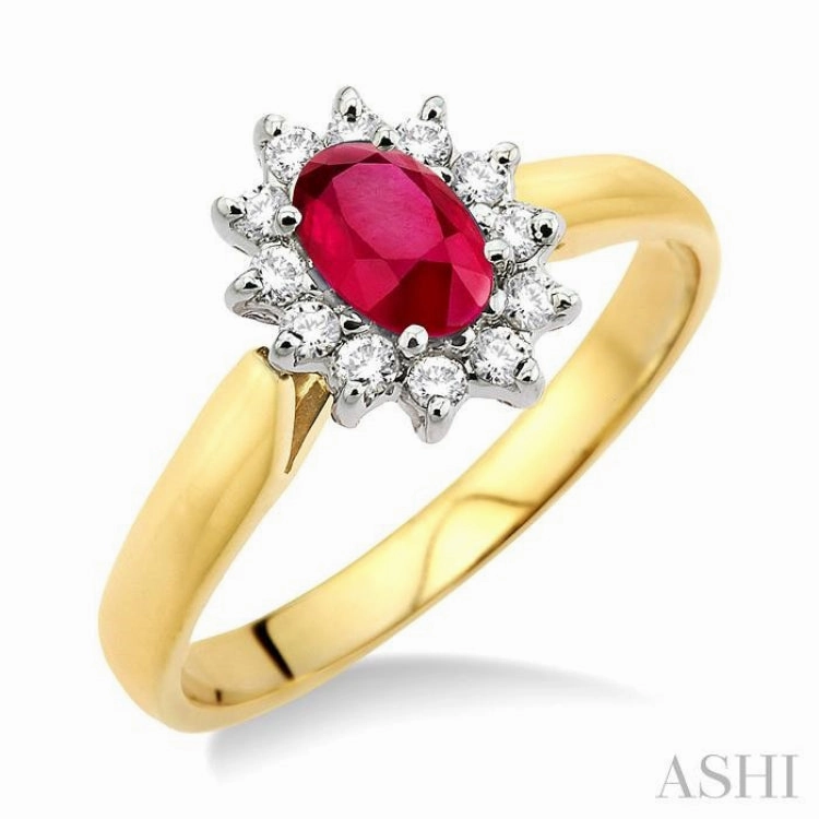 6x4MM Oval Cut Ruby and 1/5 Ctw Round Cut Diamond Ring in 14K Yellow Gold Classic Keepsake