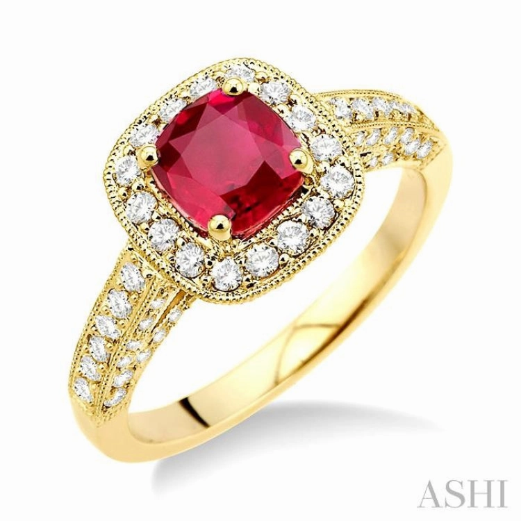 6x6 MM Cushion Cut Ruby and 7/8 Ctw Round Cut Diamond Precious Ring in 14K Yellow Gold Gift For Her