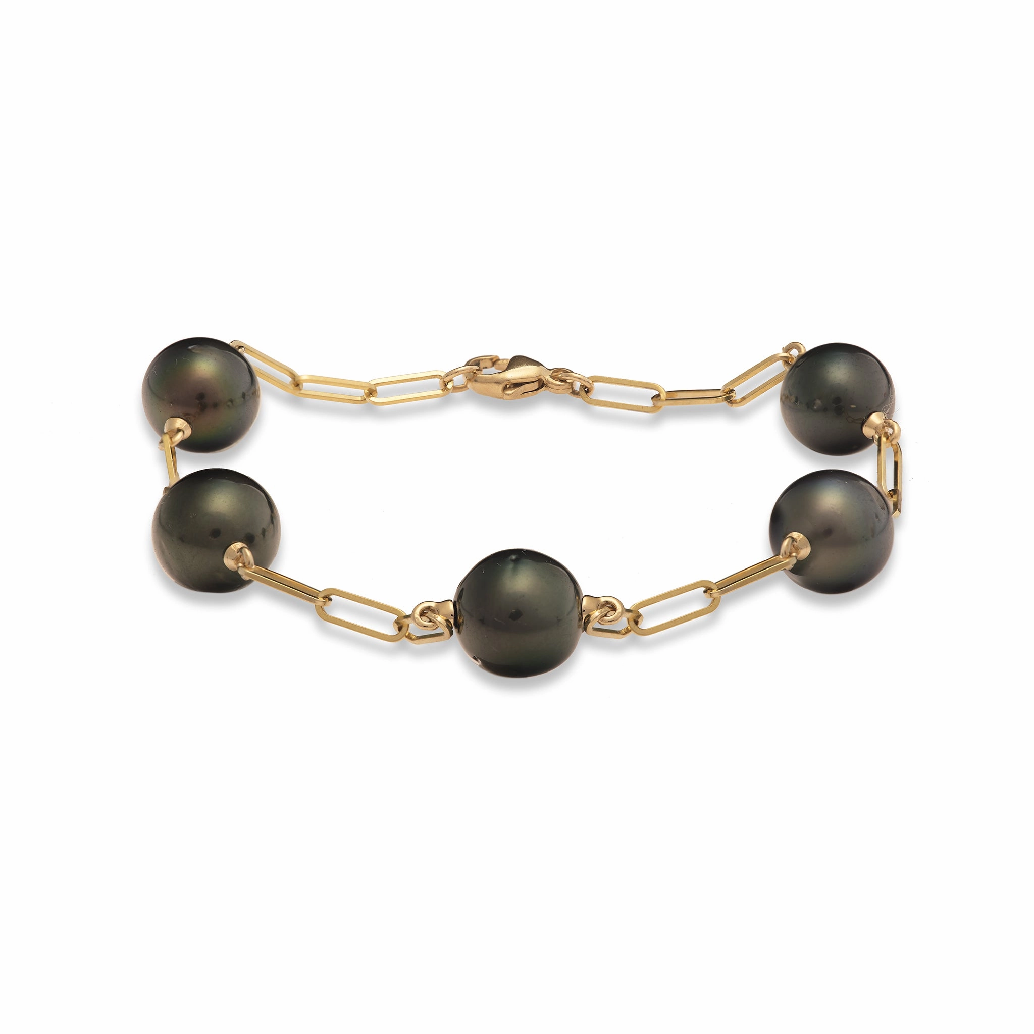 Understated Shine Artisan Touch 7.5-8" Paperclip Chain Tahitian Black Pearl Bracelet in Gold - 9-10mm