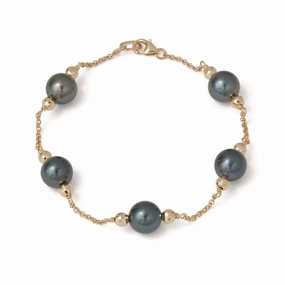 7.5-8" Tahitian Black Pearl Bracelet in Gold - 9-10mm Effortless Touch