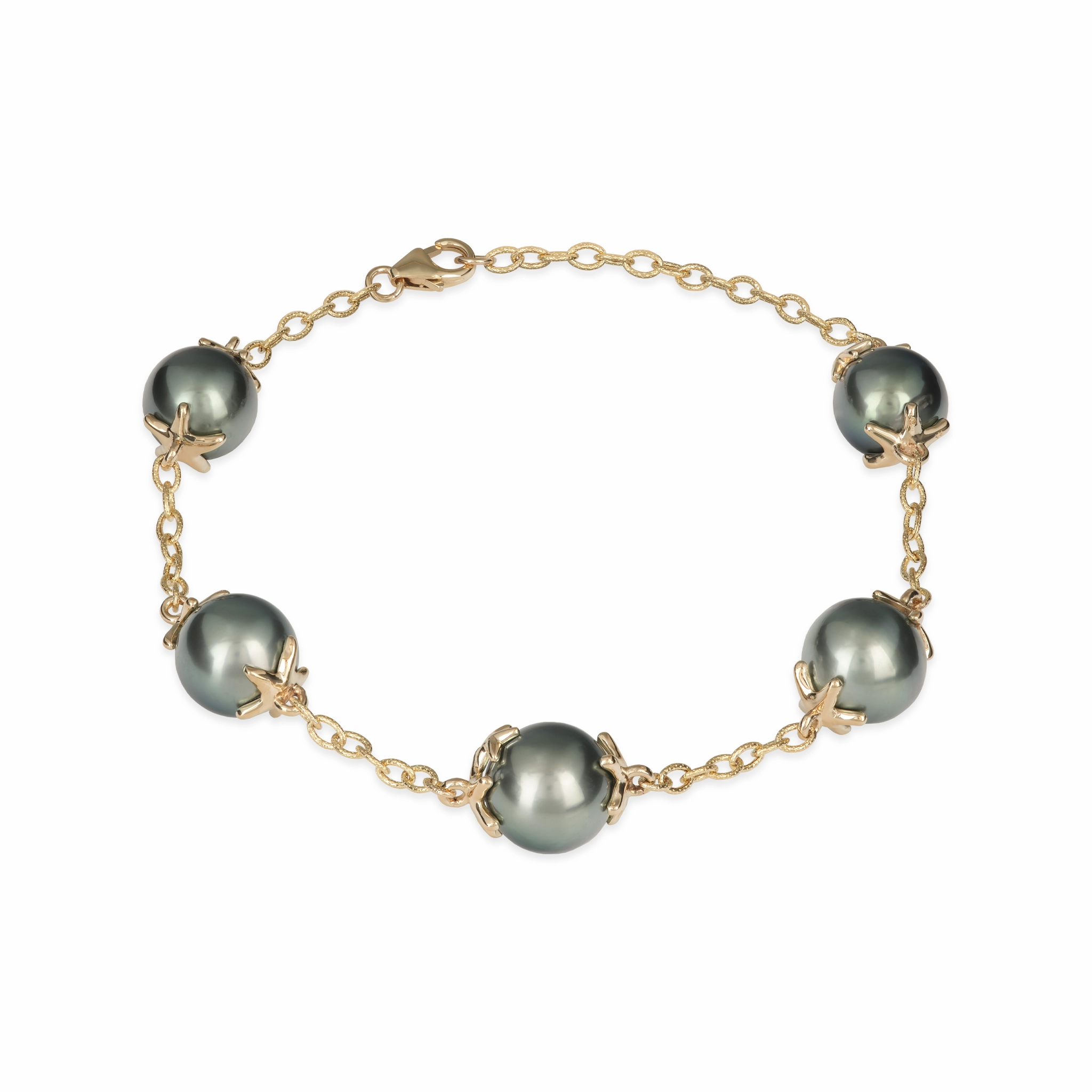 Linear Form 7-8.25" Adjustable Reefs Starfish Tahitian Black Pearl Bracelet in Gold - 10-11mm