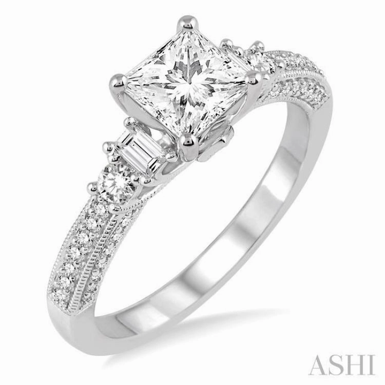 7/8 Ctw Diamond Engagement Ring with 1/2 Ct Princess Cut Center Stone in 14K White Gold Modern Flow