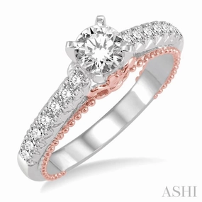 Dashing Accent 7/8 ctw Diamond Engagement Ring with 1/2 ct Round Cut Center Stone in 14K White and Rose Gold