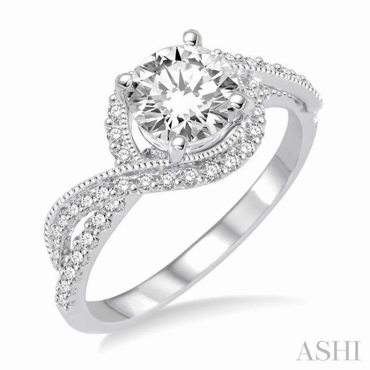 Exclusive Art 7/8 ctw Diamond Engagement Ring with 1/2 ct Round Cut Center Stone in 14K White Gold
