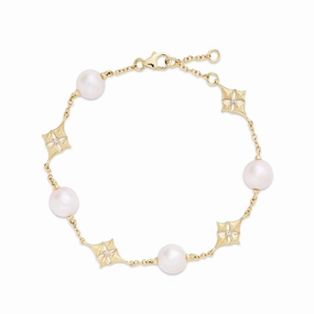 7-8" Hawaiian Quilted Star Akoya White Pearl Bracelet in Gold with Diamonds - 8mm Radiant Detail Chic Gift