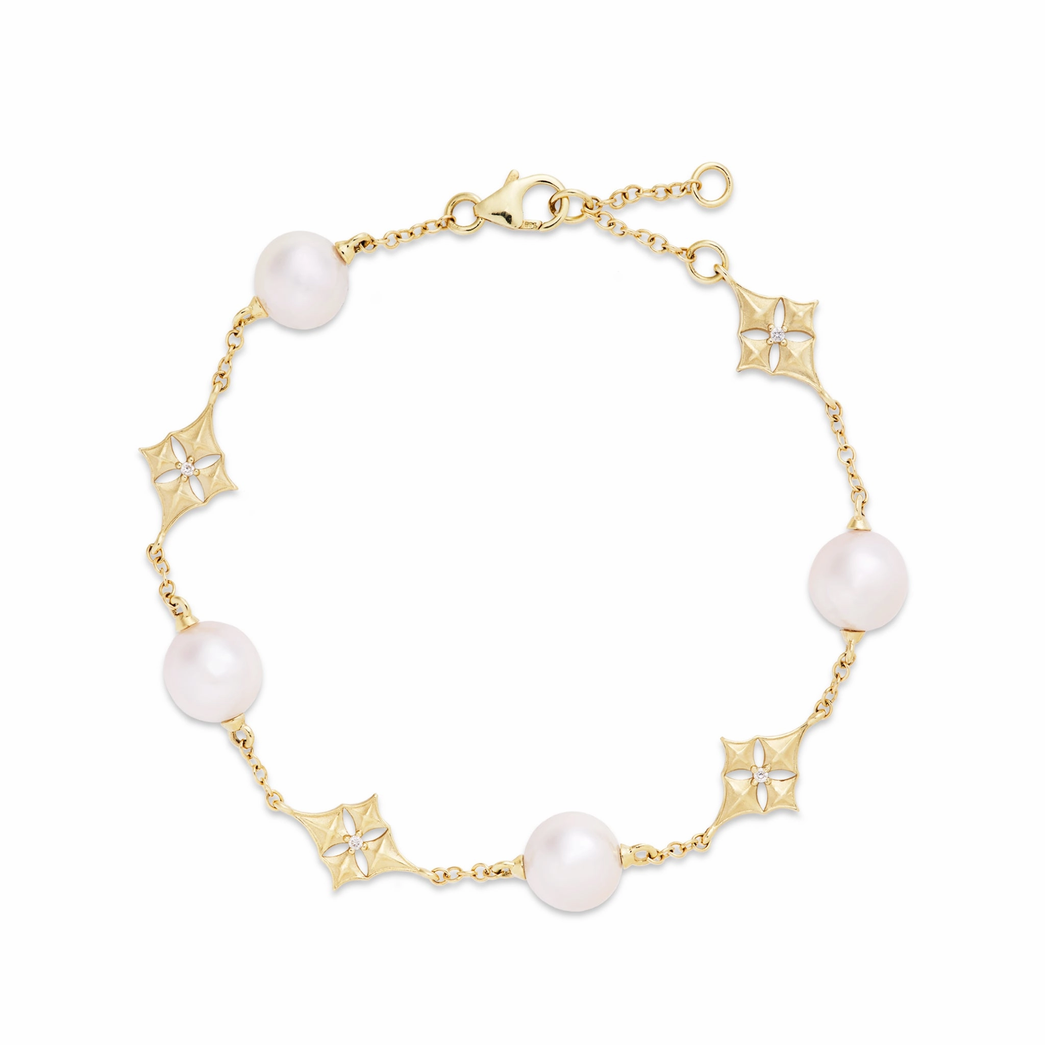 7-8" Hawaiian Quilted Star Akoya White Pearl Bracelet in Gold with Diamonds - 8mm Wedding accessory