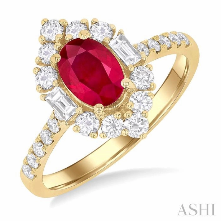 7x5 MM Oval Cut Ruby & 5/8 Ctw Baguette and Round Cut Diamond Halo Precious Ring in 14K Yellow Gold Affordable Embellishment