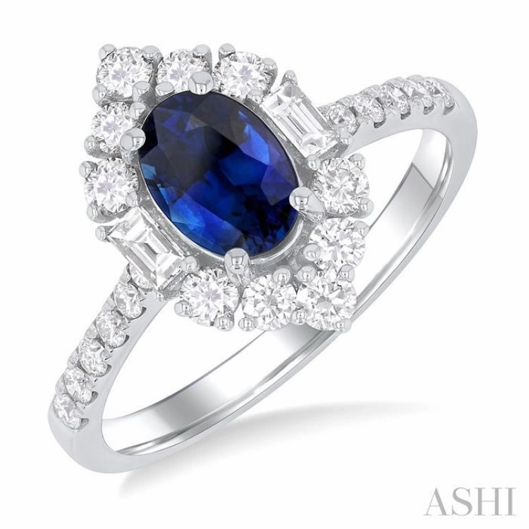 HighEnd Ornament 7x5 MM Oval Cut Sapphire & 5/8 Ctw Baguette and Round Cut Diamond Halo Precious Ring in 14K White Gold