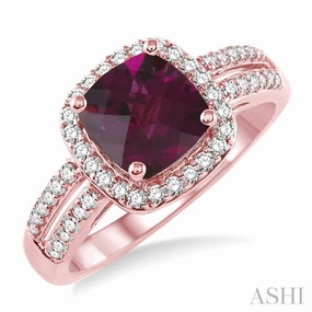7x7 MM Cushion Shape Rhodolite Garnet and 1/3 Ctw Round Cut Diamond Ring in 14K Rose Gold Daily Fashion Designer Embellishment