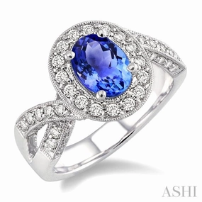 Custom Decoration 8x6 MM Oval Cut Tanzanite and 3/4 ctw Round Cut Diamond Precious Ring in 14K White Gold