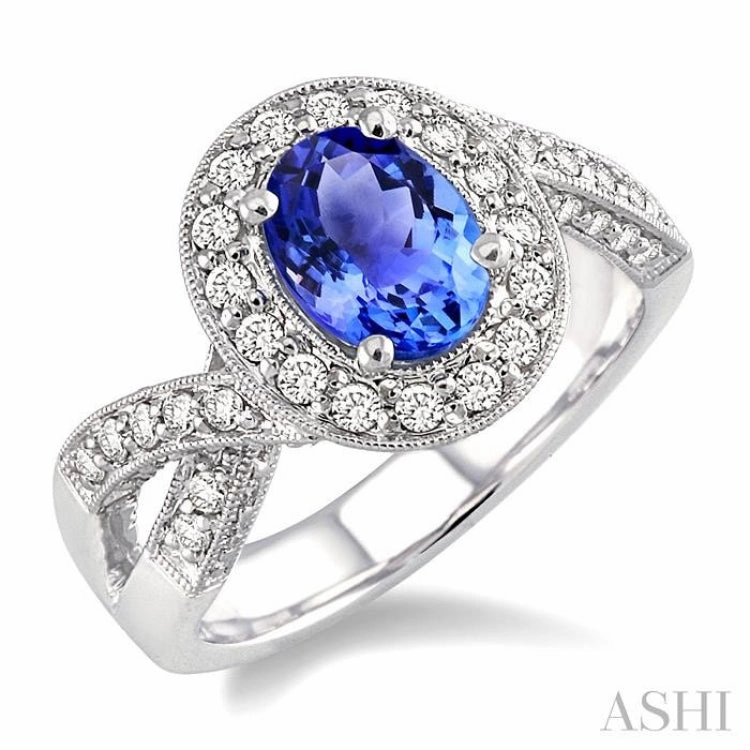 Custom Decoration 8x6 MM Oval Cut Tanzanite and 3/4 ctw Round Cut Diamond Precious Ring in 14K White Gold