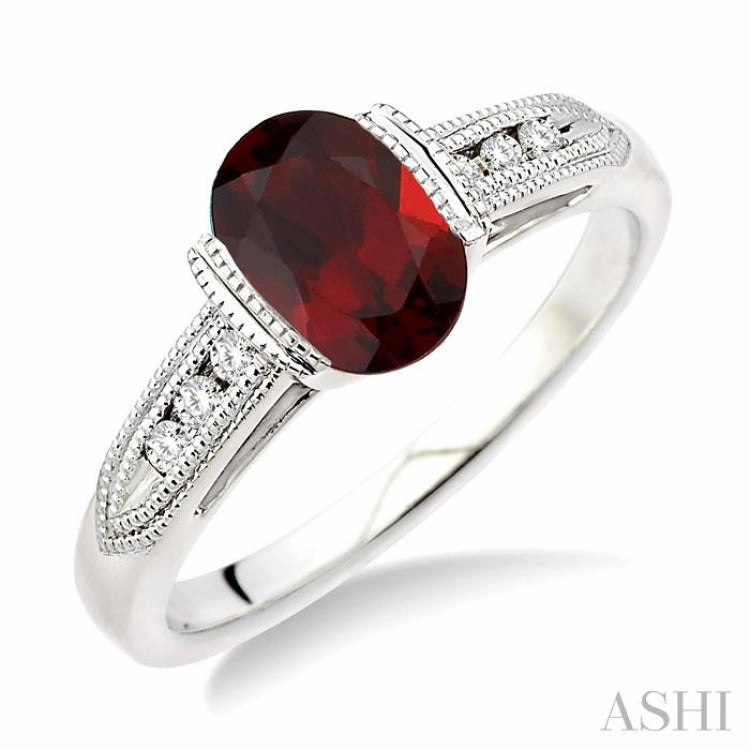 8x6 MM Oval Shape Garnet and 1/10 ctw Diamond Ring in 14K White Gold Delicate Work photo shoot