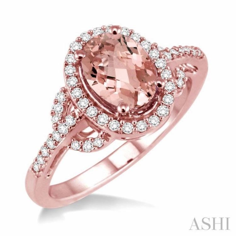 8x6MM Oval Cut Morganite and 1/3 ctw Round Cut Diamond Ring in 14K Rose Gold Lightweight Craft