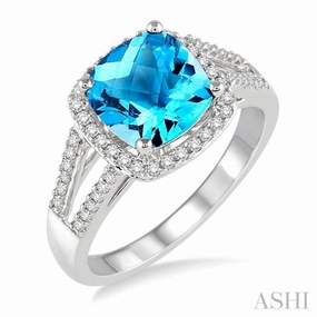 Hypoallergenic Accessory 8x8 MM Cushion Shape Blue Topaz and 1/4 ctw Round cut Diamond Ring in 10K White Gold