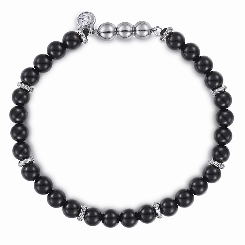 Soft Accent 925 Sterling Silver and 6mm Black Onyx Beaded Bracelet