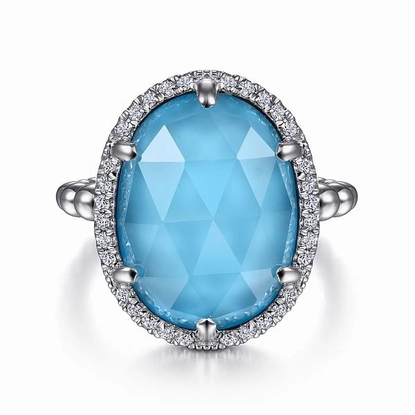 Sleek Form Everyday Touch 925 Sterling Silver Oval White Sapphire and Turquoise Halo Signet Ring