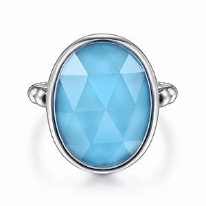 Minimal Highlight Glistening Detail 925 Sterling Silver Rock Crystal and Turquoise Oval Signet Ring