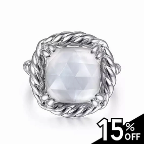 Cozy Layers Cultural Event 925 Sterling Silver Rope Rock Crystal and White Mother of Pearl Signet Ring