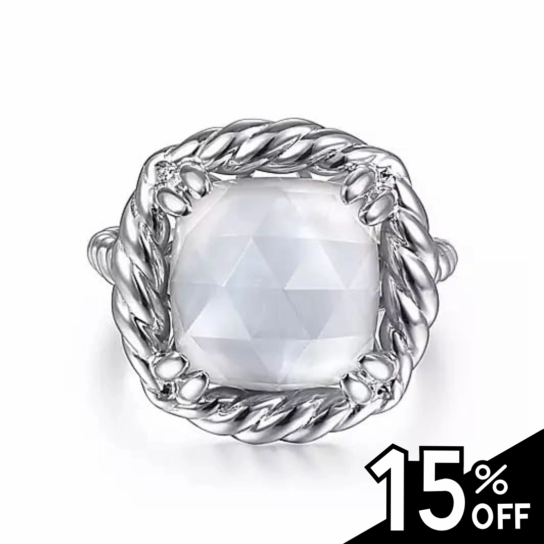 Cozy Layers Cultural Event 925 Sterling Silver Rope Rock Crystal and White Mother of Pearl Signet Ring