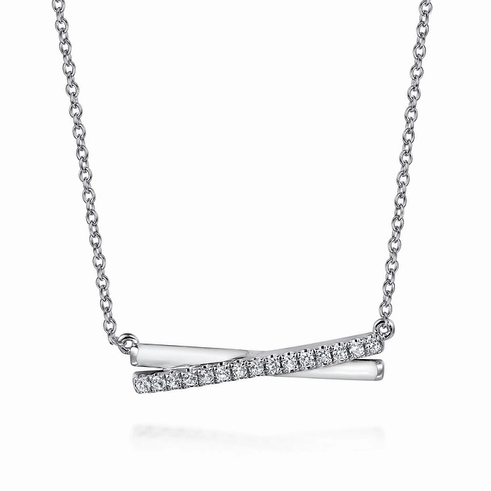 Modern Flow Trend Setting 925 Sterling Silver White Sapphire and White Enamel Criss Cross Bar Necklace