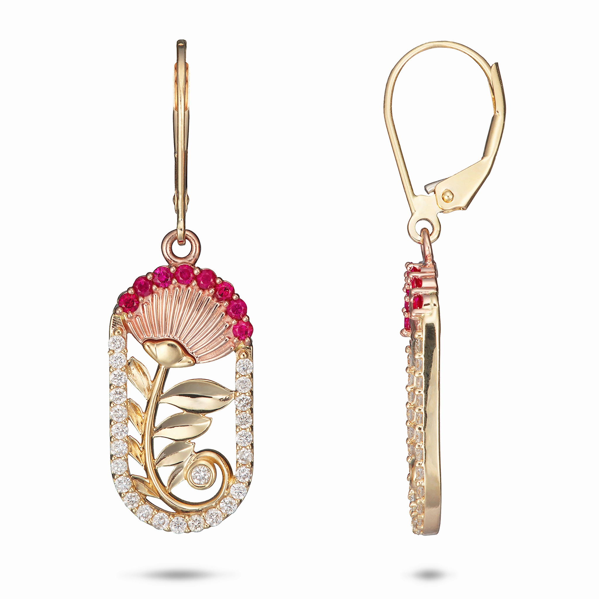 Party Finish ???hi?a Lehua Ruby Earrings in Two Tone Gold with Diamonds - 24mm