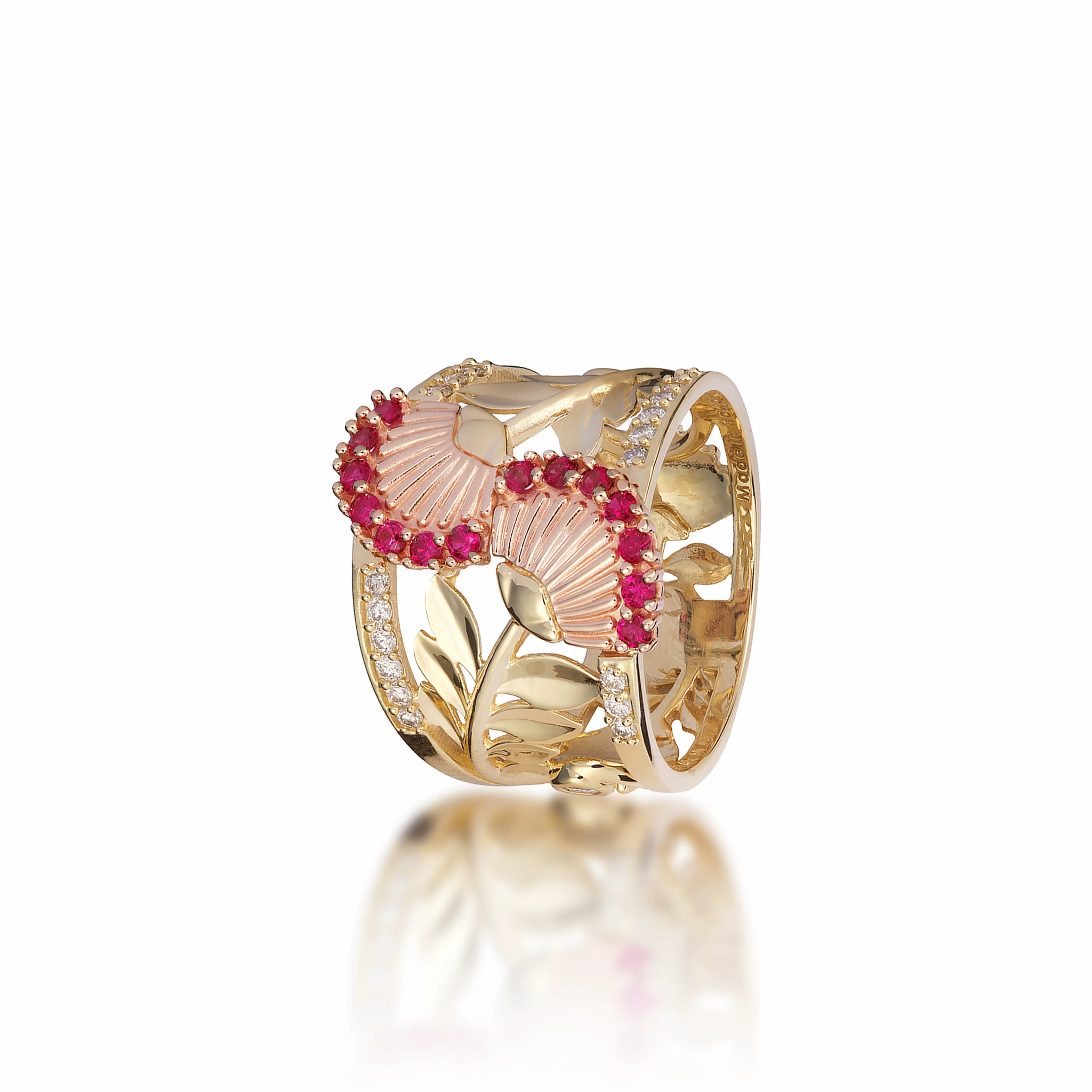 Premium Finish Fashion Accent ???hi?a Lehua Ruby Ring in Two Tone Gold with Diamonds