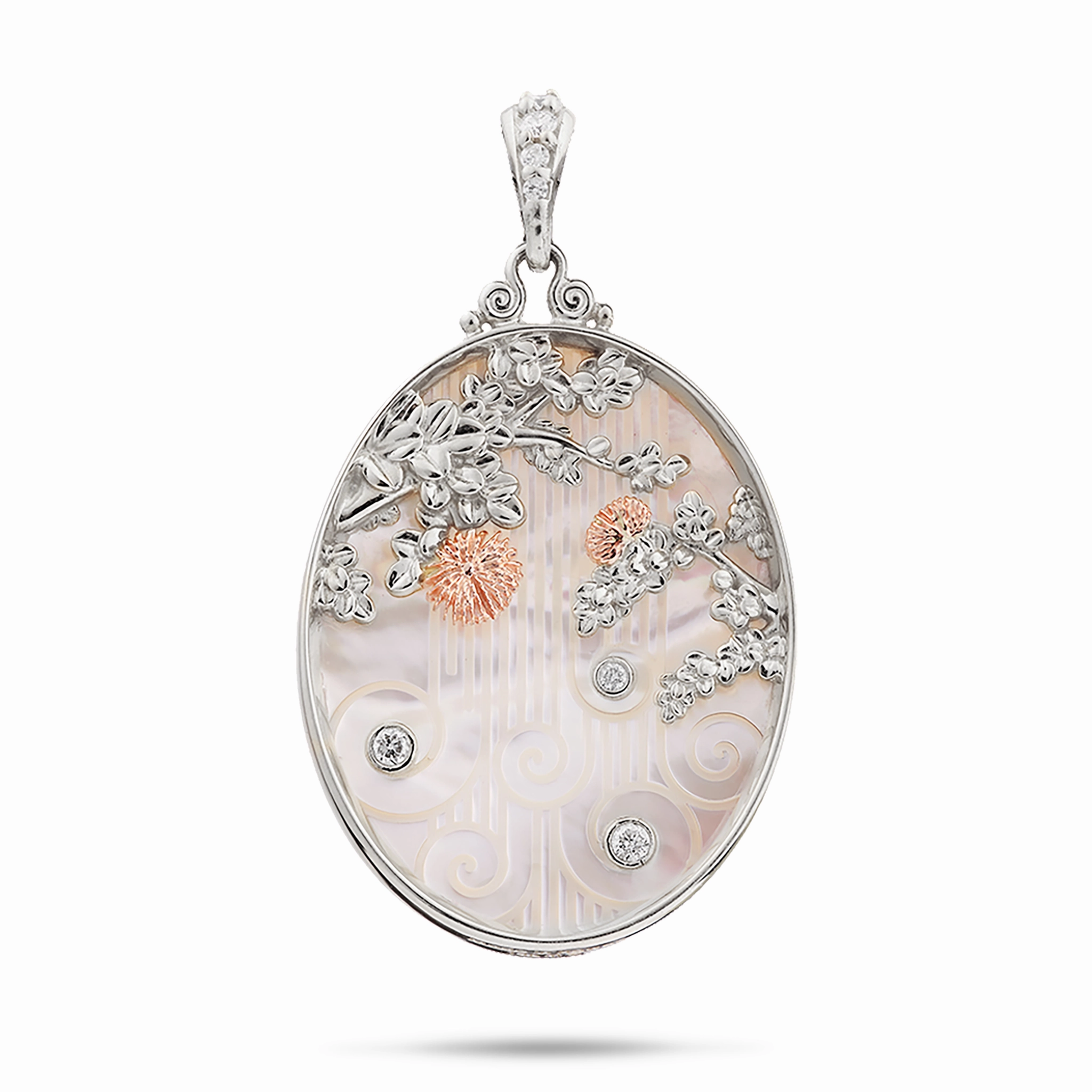 ???hi?a Lehua Waterfall Mother of Pearl Pendant in Two Tone Gold with Diamonds Timeless Craftwork
