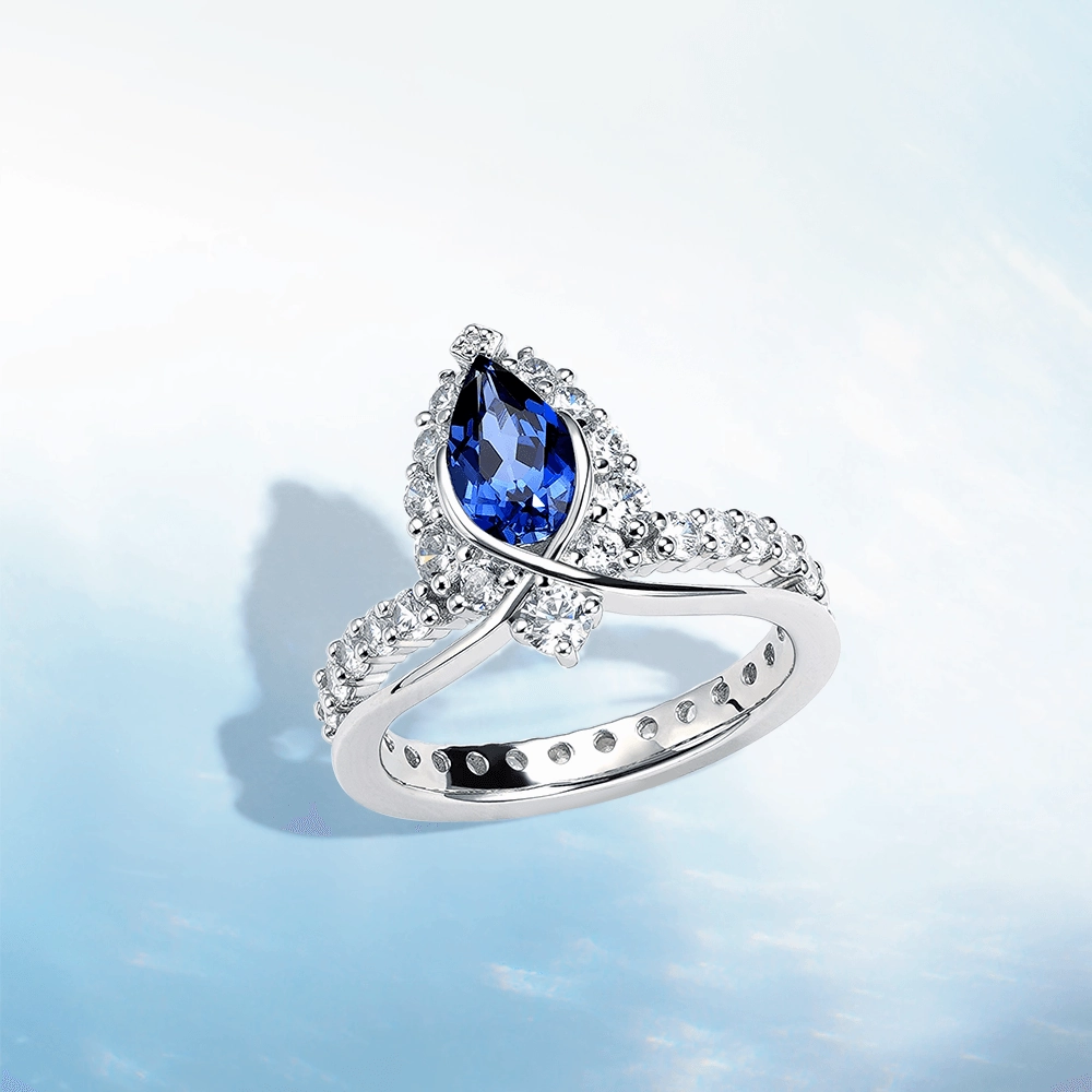 "ENDLESS BLUE" Luxe Crown Pear Shaped Sapphire Ring Shiny Craft