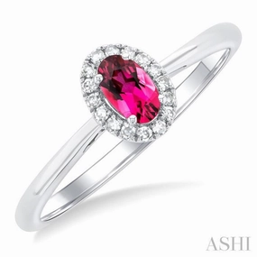 Evening Look Pastel Shade 5x3 MM Oval Shape Pink Tourmaline and 1/20 Ctw Single Cut Diamond Halo Semi-Precious Ring in 10K White Gold