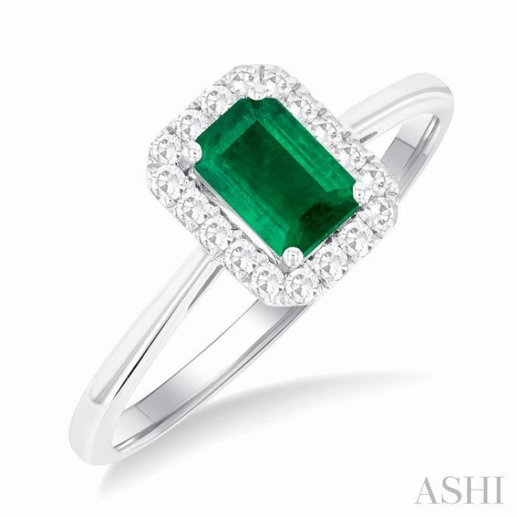 6x4 MM Octagonal Shape Emerald and 1/6 Ctw Round Cut Diamond Halo Precious Ring in 10K White Gold Shimmer Accent