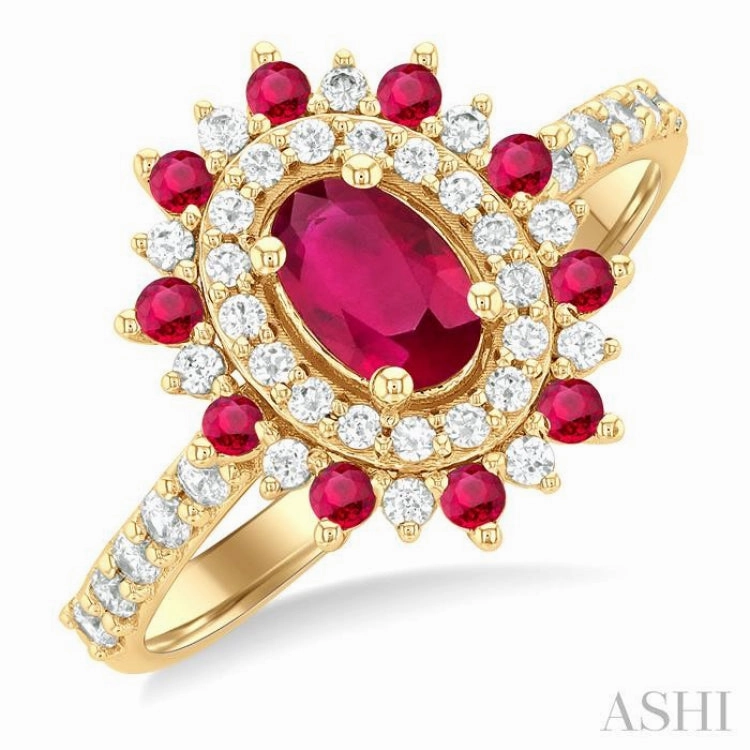 Modern Keepsake Shiny Object 6X4 MM Oval Shape & 1.5 MM Round Cut Ruby and 3/8 Ctw Round Cut Diamond Floral Precious Ring in 14K Yellow Gold