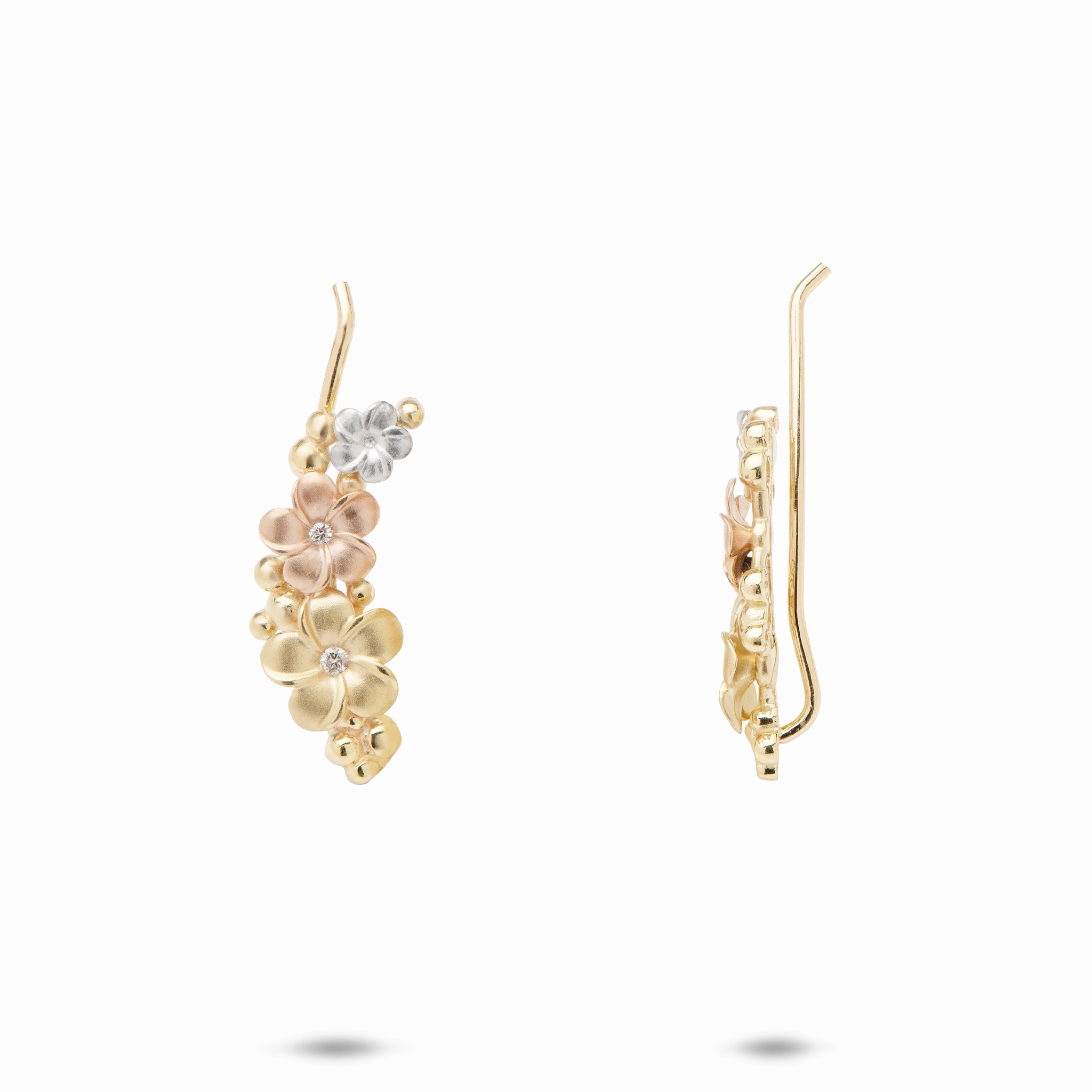 Subtle Shine Plumeria Climber Climber Earrings in Tri Color Gold with Diamonds