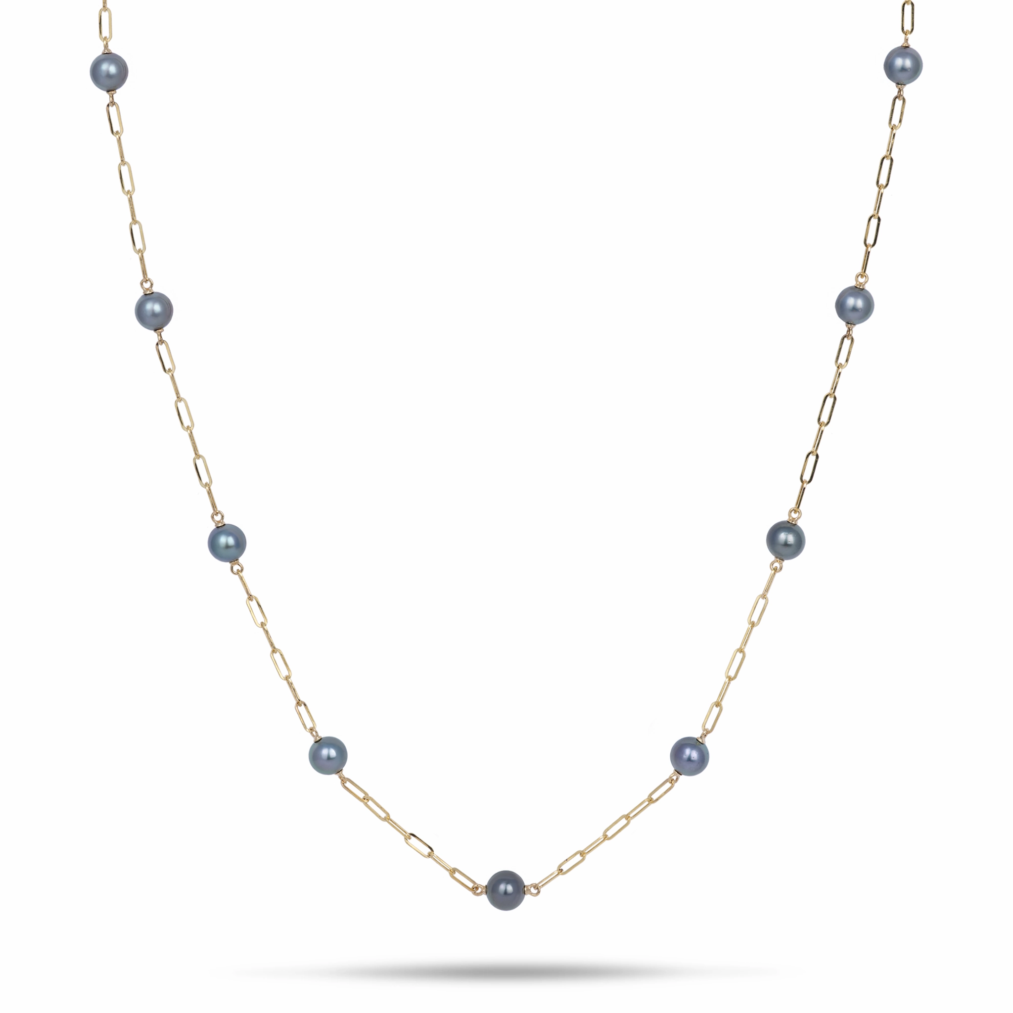 Adjustable 34-35" Tahitian Black Pearl Paperclip Chain Necklace in Gold - 10-11mm Light Play Luxury Feel