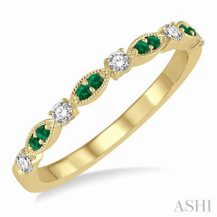 1.35 MM Emerald and 1/6 Ctw Round Cut Diamond Precious Stone Wedding Band in 14K Yellow Gold Quality Adornment Contemporary Insignia