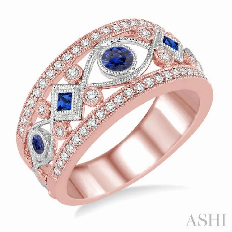 1/3 Ctw Round Cut Diamond and Princess & Round Cut Sapphire Precious Band in 14K Rose and White Gold Creative Craft