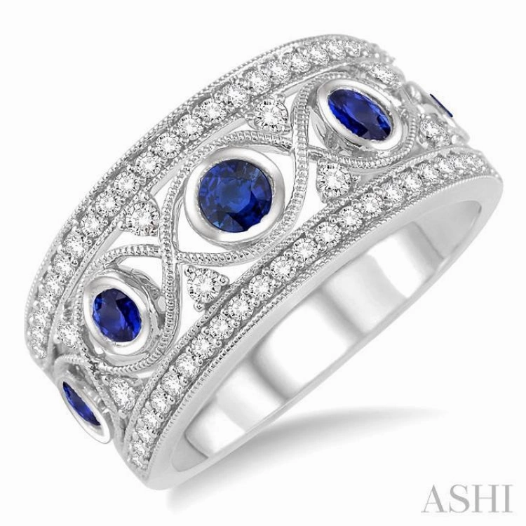 Signature Style Luxury piece 2.6 MM Round Cut Sapphire and 1/2 ctw Round Cut Diamond Precious Band in 14K White Gold
