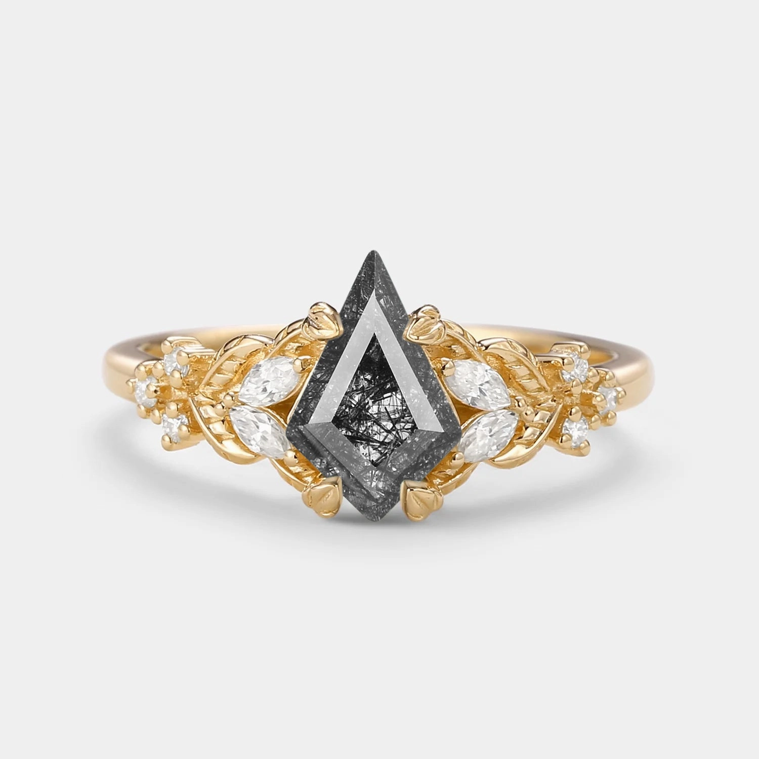Friendship Bond Kite Cut Black Rutilated Quartz Vine Leafy Gold Engagement Ring - Clara